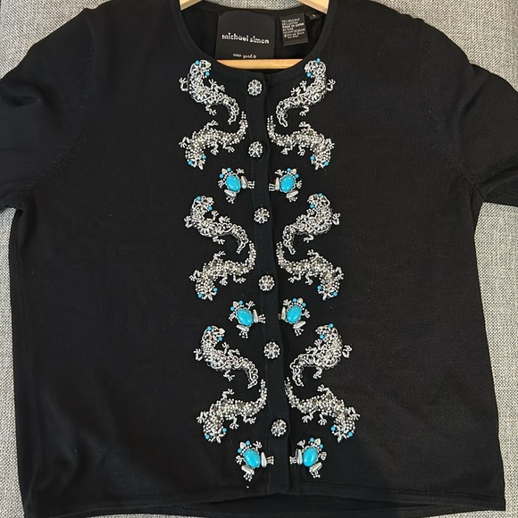 Michael Simon Black Cardigan with Silver & Turquoise Beaded Frogs Geckos Size S - Picture 3 of 11